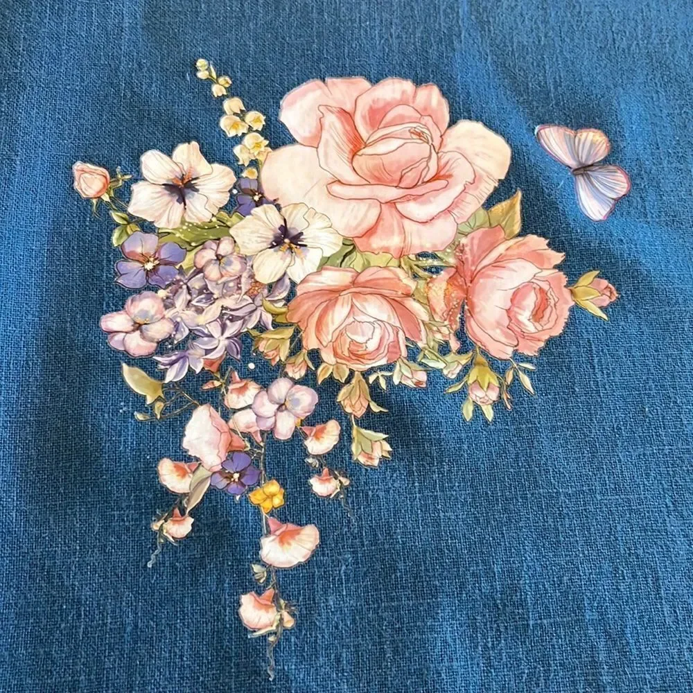 IKEA Blue Upcycled Pillow Covers w/ Floral Transfers w/ Zipper Closure- 2 pcs.